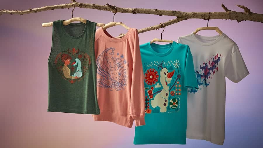 Various t-shirts and sweatshirts with Disney’s Frozen 2 and Disney and Pixar’s Lightyear